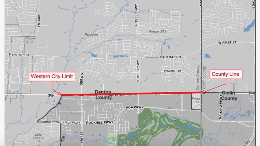 Frisco City Council on Jan. 18 approved a temporary speed limit reduction along US 380. The speed limit was lowered from 60 mph to 50 mph from the city’s western limits to the Denton County and Collin County line. (Map courtesy city of Frisco)