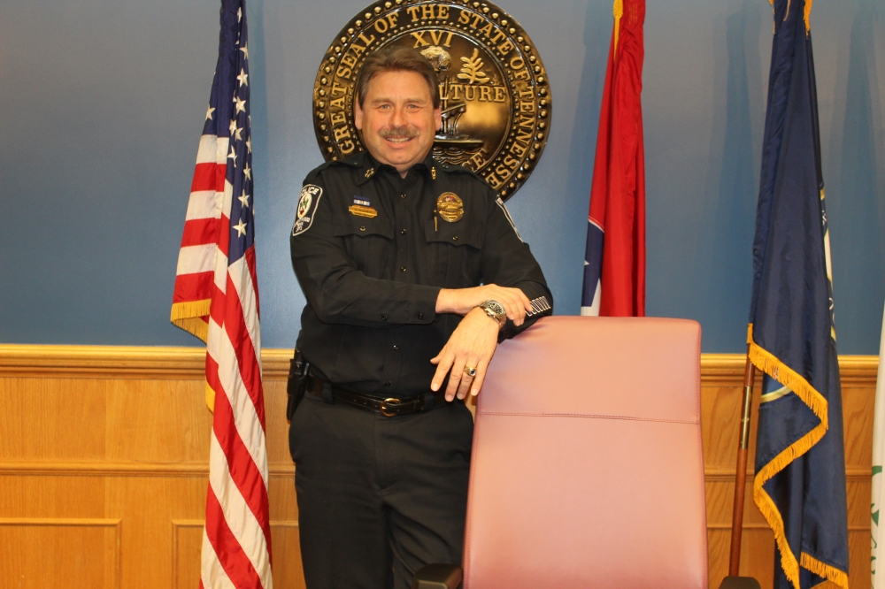 Brentwood Police Chief Jeff Hughes was photographed Jan. 24 in the Brentwood City Commission session chambers. Hughes will retire Feb. 25 after 36 years with the department. (Martin Cassidy/Community Impact Newspaper)