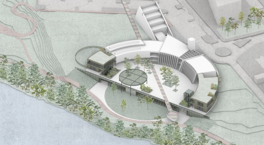 Plans for the MACC expansion call for a new elevation split between the facility's courtyard and a more defined lakeshore lawn below. (Courtesy city of Austin) 