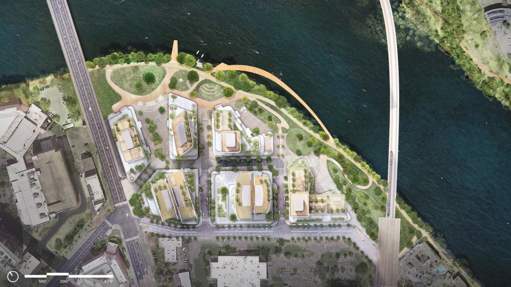 The current development outline features several towers, new roadway and lakefront parkland. (Courtesy Endeavor Real Estate Group)