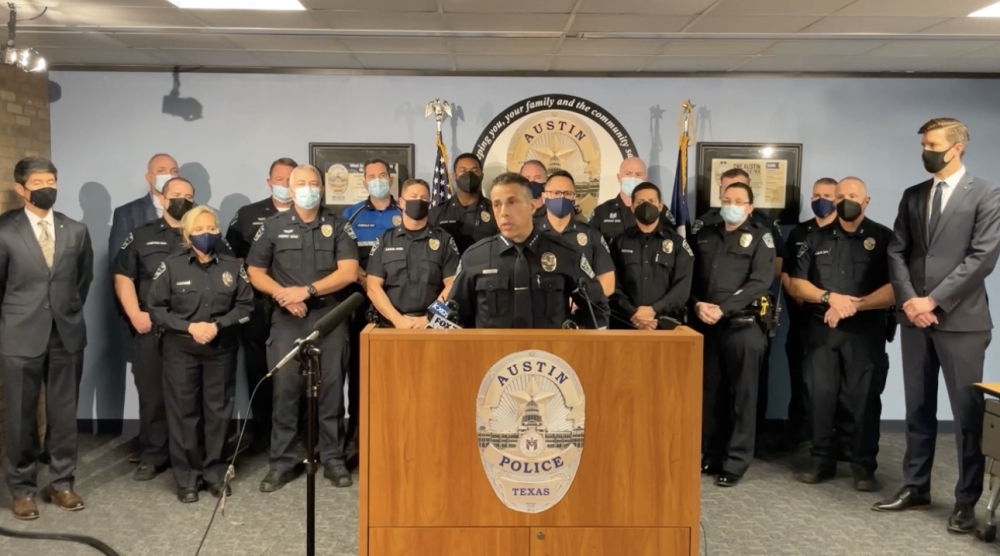 Austin police and city leaders gathered to respond to Garza's announcement Feb. 17. (Screenshot via Austin Police Department)