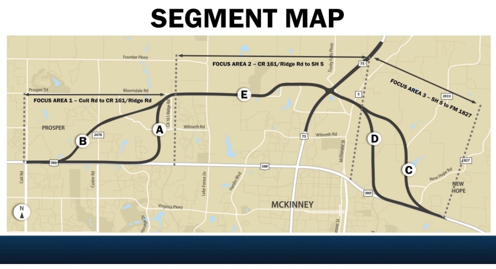 This map shows all the possible segments for this freeway alignment. (Image courtesy city of McKinney)