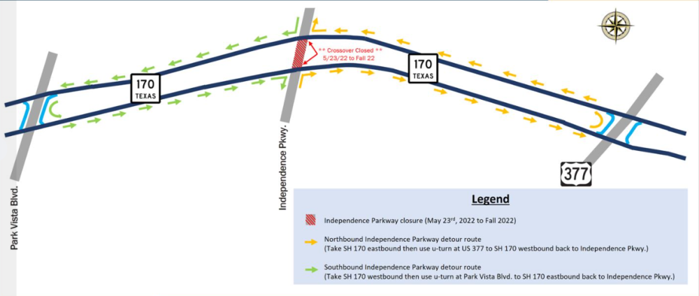 A section of Independence Parkway between the SH 170 frontage roads in Fort Worth will be closed until fall 2022 for construction work. (Map courtesy town of Westlake)