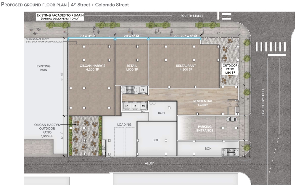 Hanover Company adjusted its project plans this spring to retain more of the existing buildings' architecture and add a new commercial space at the tower's base. (Courtesy city of Austin)