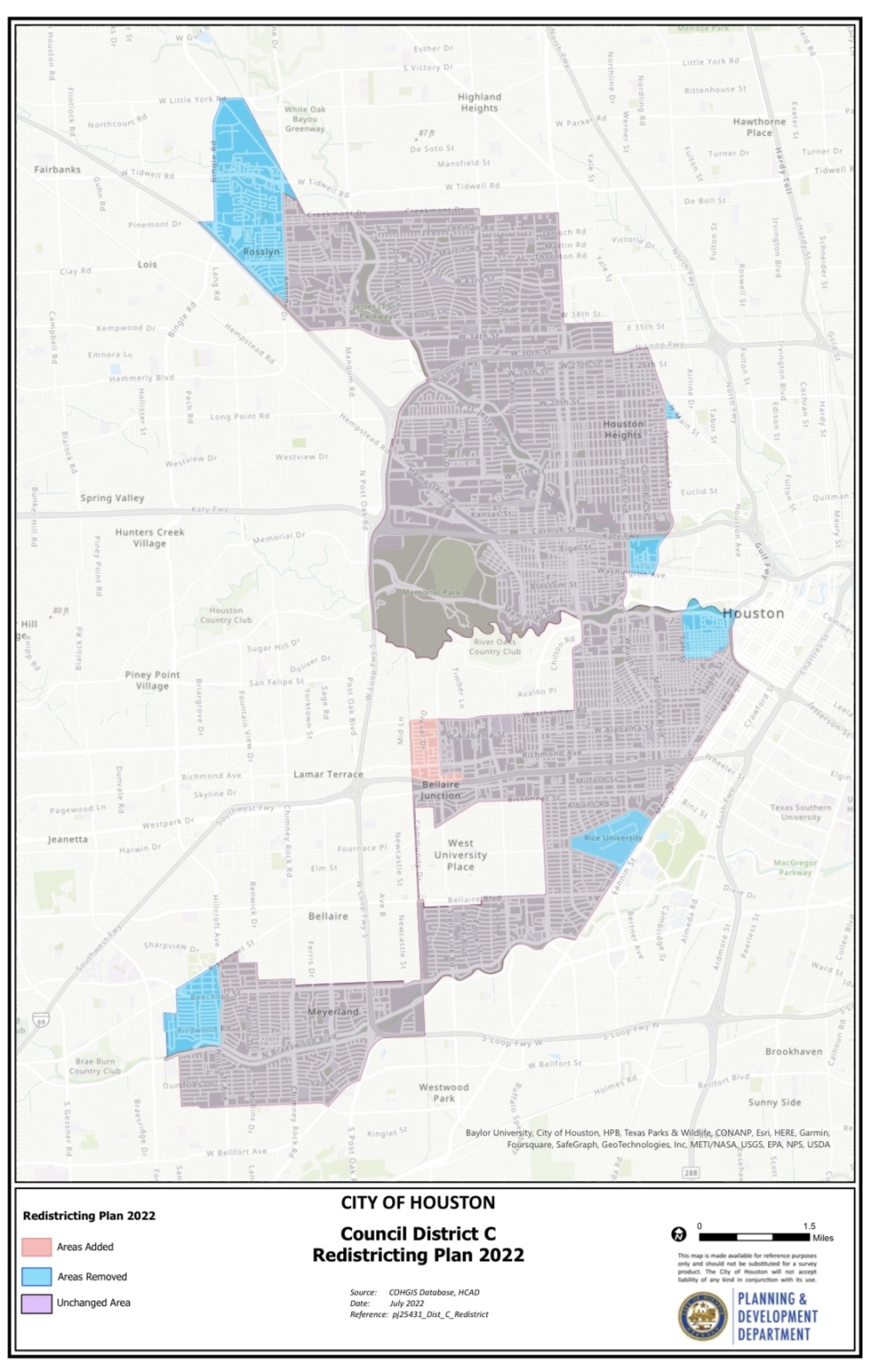 With the overlay map, residents can see which areas of District C are affected by the proposed redistricting plan. (Courtesy city of Houston)