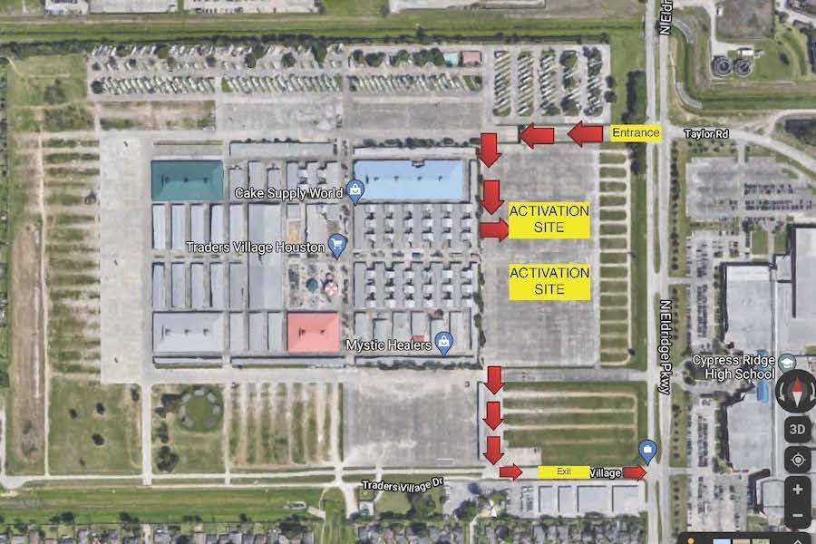 Those visiting the drive-thru distribution can enter Traders Village off of North Eldridge Parkway at the Taylor Road intersection and exit from Traders Village Drive. (Courtesy Houston Food Bank)