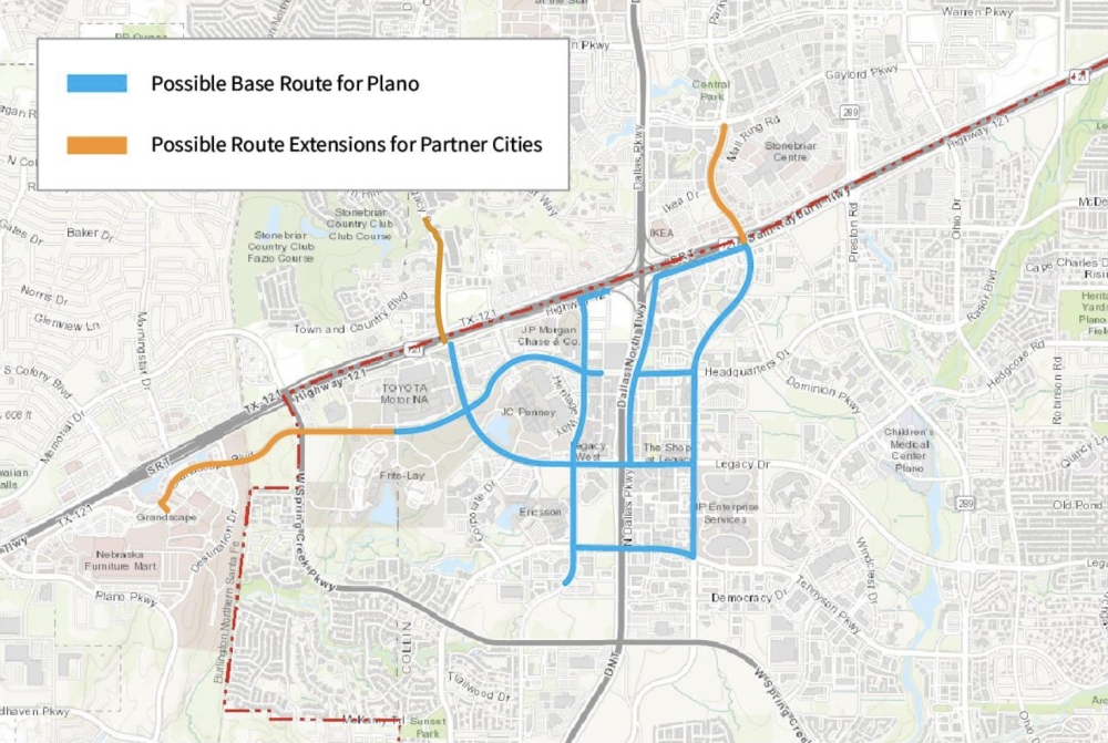 This map shows the city of Plano's preliminary proposal for a JPods network on the city's west side to help people get around more easily. (Courtesy city of Plano) 