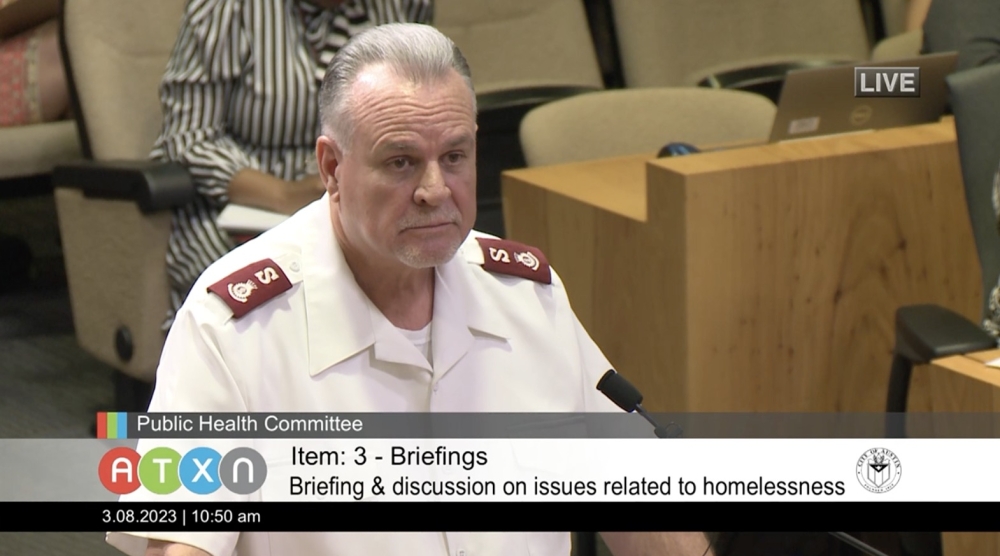 Lewis Reckline, an Austin-area commander with The Salvation Army, spoke about the planned shelter closure to City Council March 8. (Courtesy city of Austin)