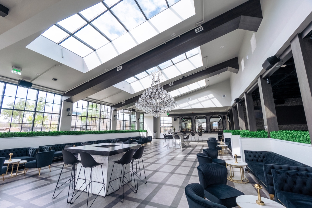 The interior atrium at the Heights Social features a 101-inch chandelier from Restoration Hardware. (Courtesy Dylan McEwan)