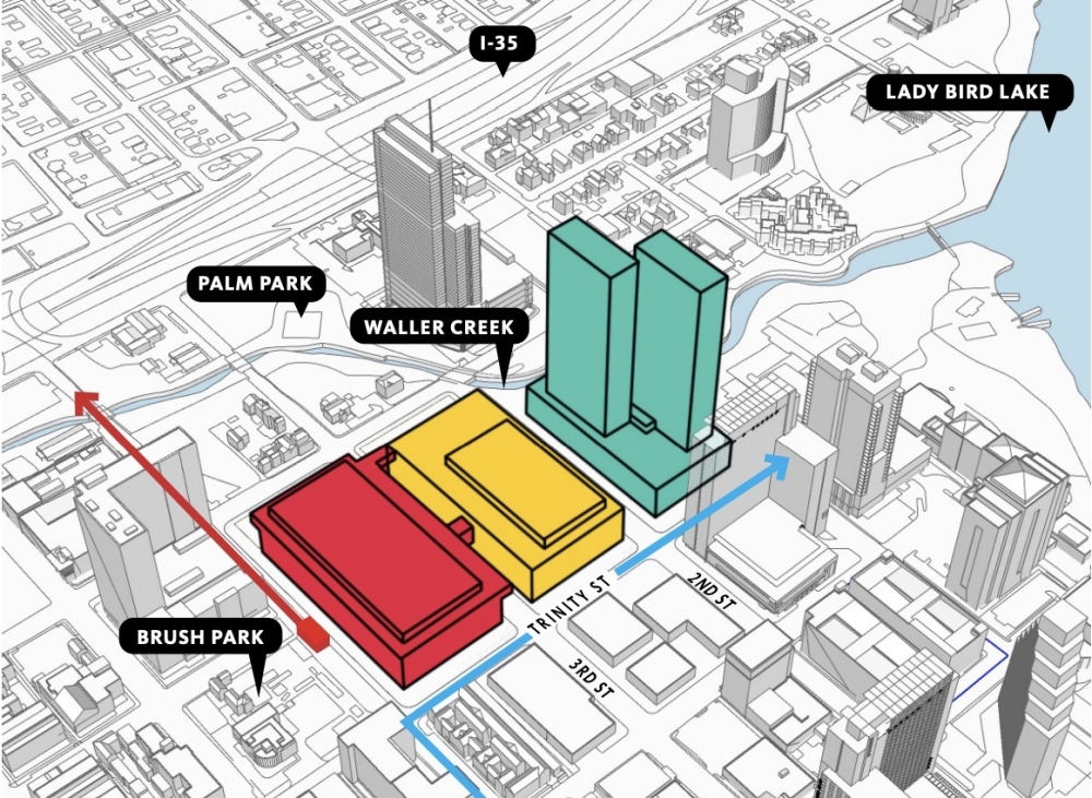 A 2021 proof of concept detailed an underground convention center with above-ground space split between two buildings, alongside a new tower project to be developed through a public-private partnership. (Courtesy city of Austin)