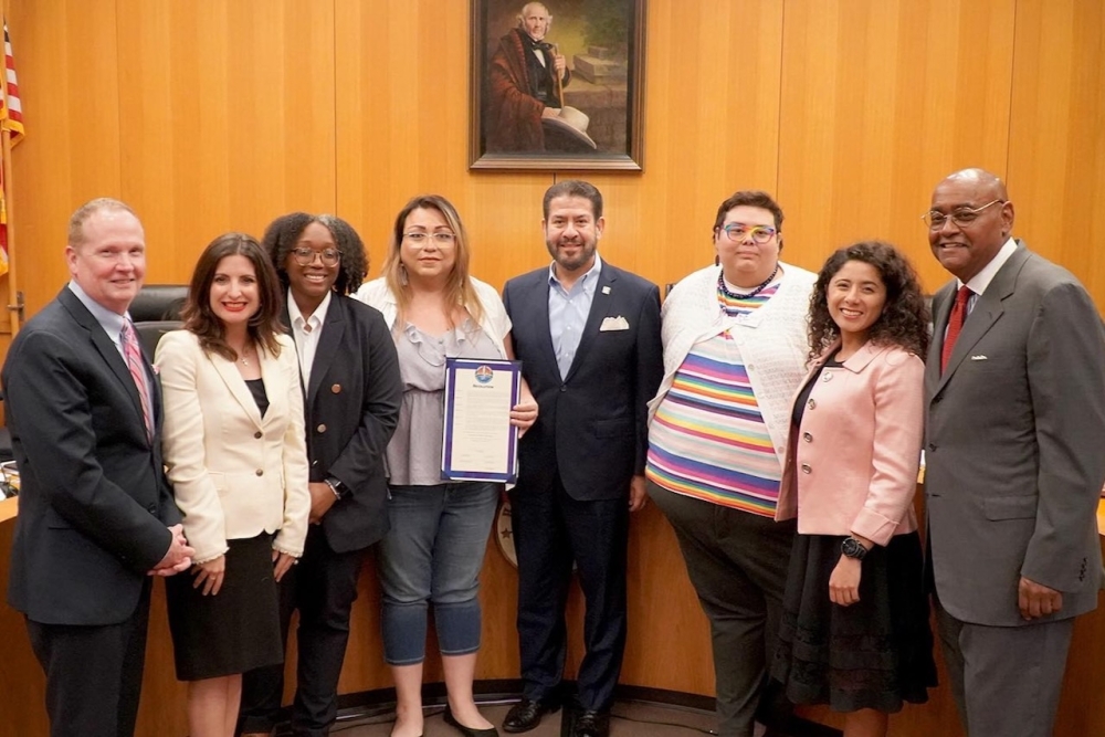 Members of the Houston LGBTQ Political Caucus meet with Harris County Commissioners Adrian Garcia, center, Rodney Ellis, far right, and County judge Lina Hidalgo at the June 6 meeting. (Courtesy Houston LGBTQ Political Caucus Facebook)