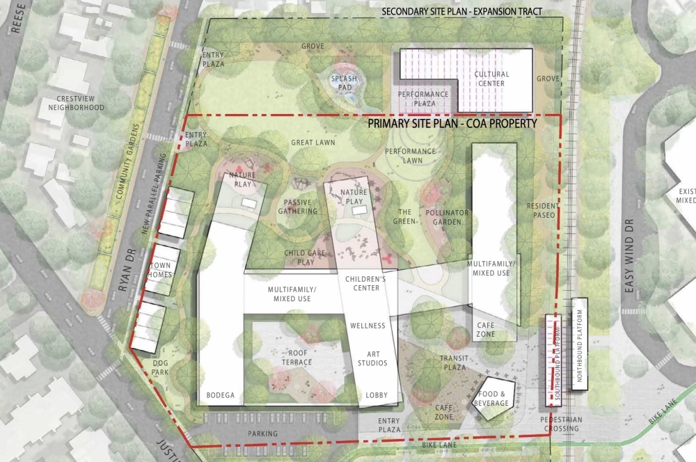 3423 Holdings LLC planned to bring hundreds of apartments, a new park and transit station to 6909 Ryan Drive. The developer could have also added on a 1.5-acre property next door with additional amenities. (Courtesy city of Austin)