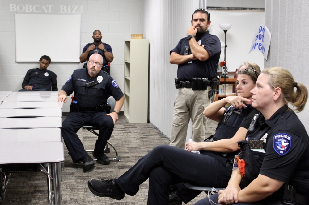 First responders from local agencies discuss takeaways following active-shooter response trainings in late July. (Danica Lloyd/Community Impact)