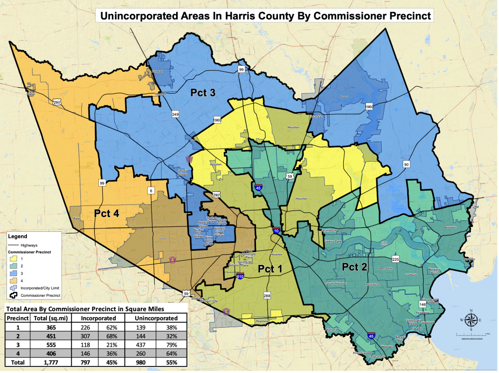 A map showcasing the unincorporated areas within Harris County precincts where the burn ban will take effect. (Courtesy Harris County Department of Economic Equity & Opportunity)