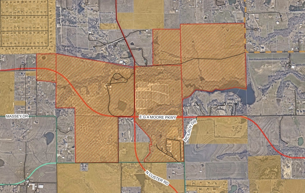 The dashed red lines represent land in the planned development while the dark yellow represents Celina city limits, according to city documents. (Courtesy city of Celina)