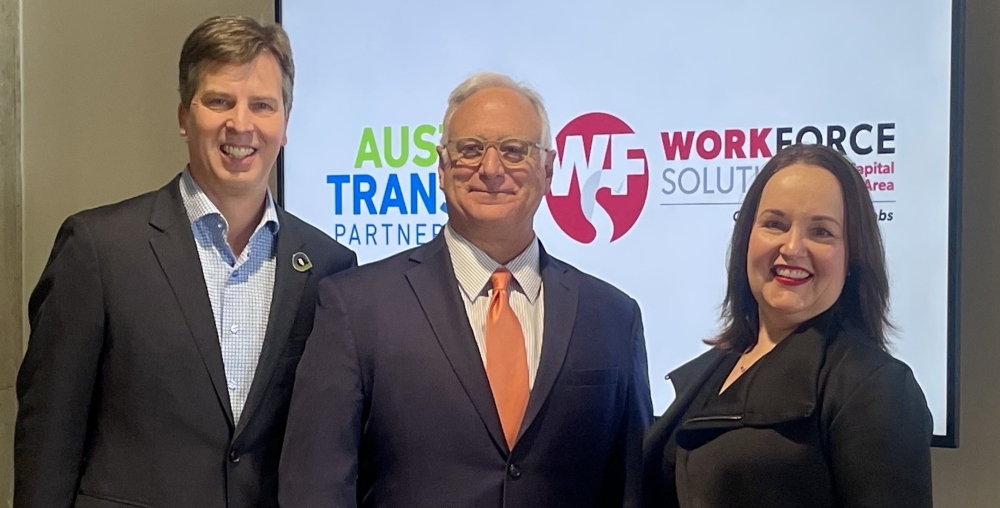 Greg Canally, executive director of Austin Transit Partnership, left; Austin Mayor Kirk Watson, center; and Tamara Atkinson, chief executive officer of Workforce Solutions Capital Area announced the Workforce Mobility Industry Sector Partnership in March. (Courtesy Workforce Solutions Capital Area)