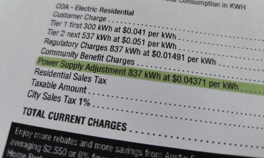The Power Supply Adjustment charge is one of several components to Austin Energy billing. (Ben Thompson/Community Impact)