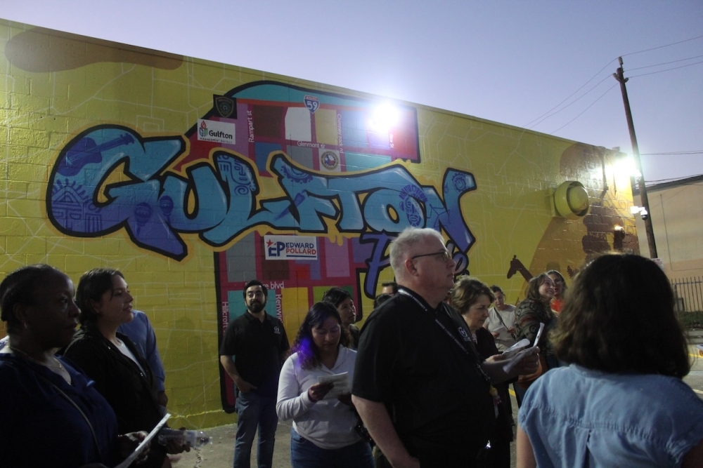 Members from the Gulfton community, including Gulfton Super Neighborhood Council, the Houston Police Department and Harris County Precinct 4 gathered at Elm Street on Oct. 12 to engage with stakeholders about the scale and scope of work for several Gulfton Crime Prevention lighting improvements. (Melissa Enaje/Community Impact)