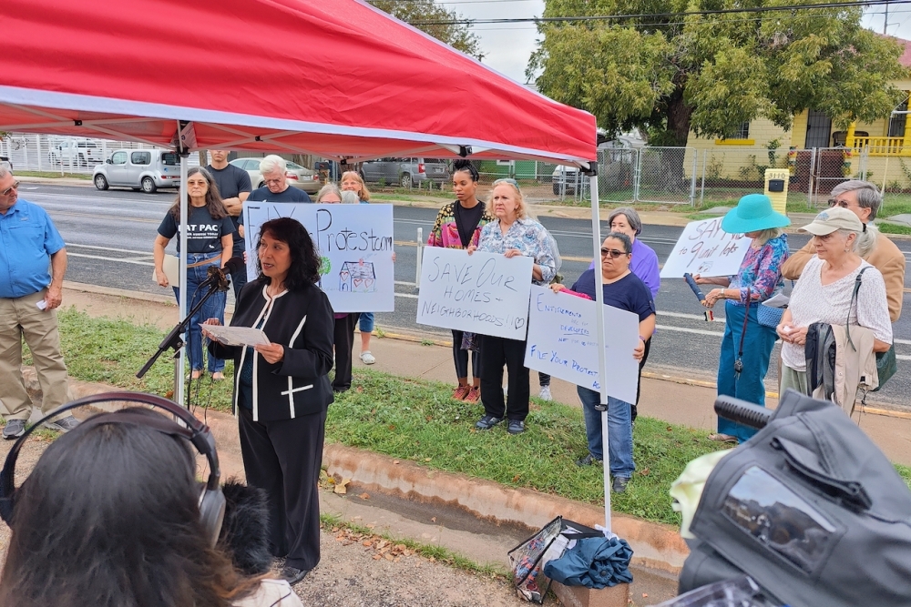 Austin Neighborhoods Council President Ana Aguirre spoke against the HOME initiative during an Oct. 24 community rally. (Ben Thompson/Community Impact)