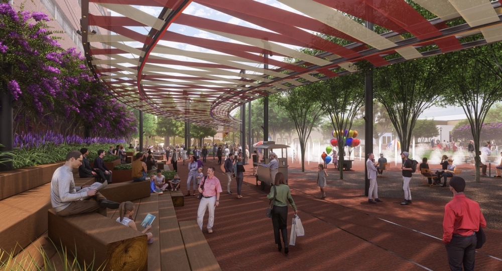 Train track-style ribbon shade structures will help bring a Rail District feel to the plaza, according to a meeting presentation. (Rendering courtesy city of Frisco)