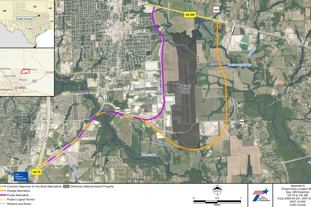 The selected Orange Alternative route for the Spur 399 extension will travel to the south and east of McKinney National Airport. (Courtesy TxDOT)