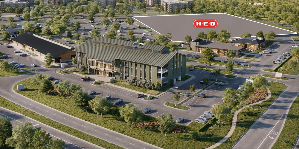 Village Green at Bridgeland Central will be anchored by H-E-B. (Rendering courtesy Howard Hughes Holdings Inc.) 