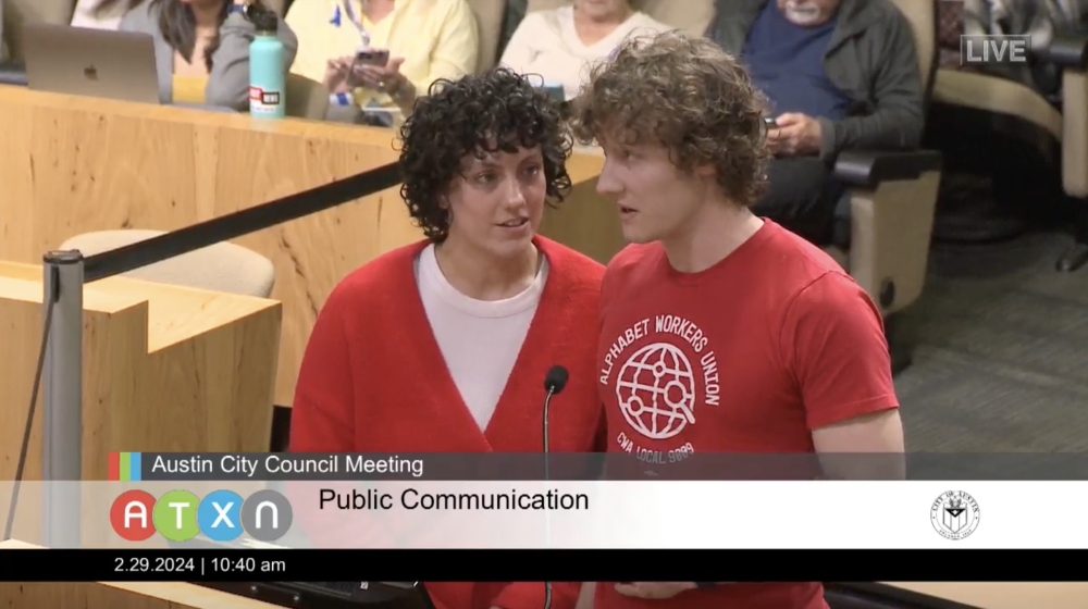 YouTube Music Content Operations Team members learned they'd been laid off while testifying for labor support from City Council. (Screenshot via city of Austin)