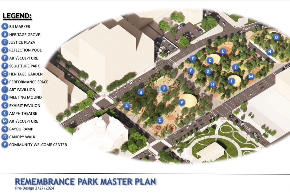 More than 15 dedicated spaces are projected for completion, according to the park's master plan that was approved Feb. 27. The point 'A' will be the site for the four markers. (Courtesy Harris County Commissioners Court)