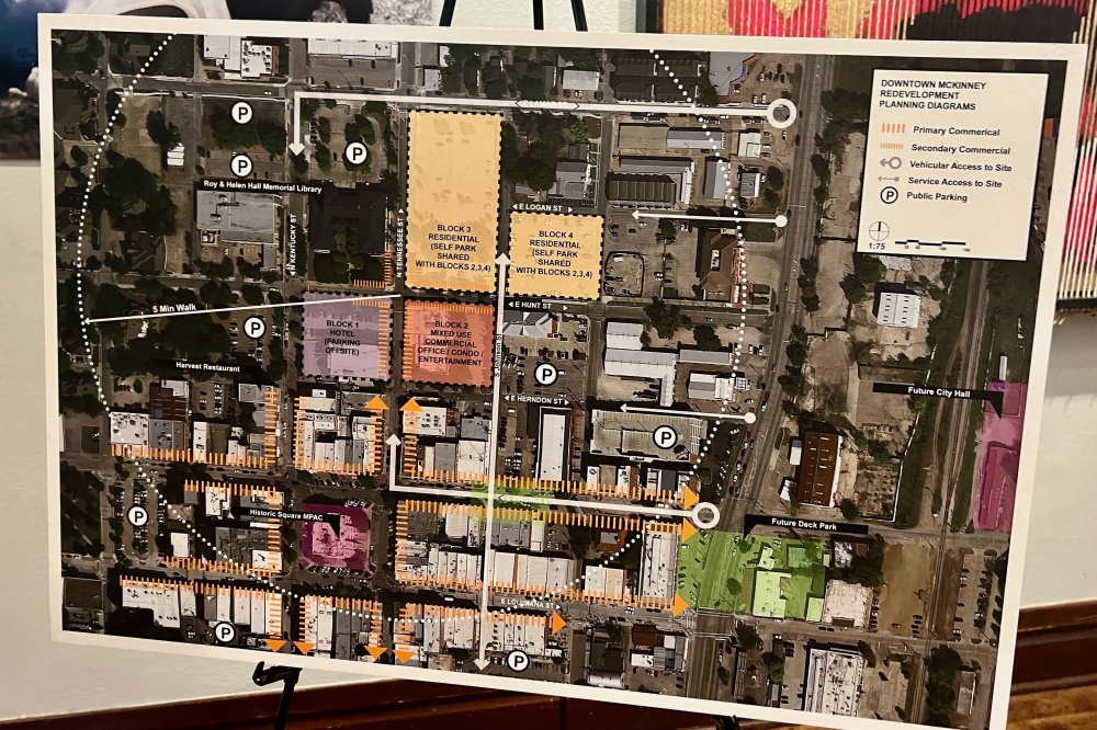 A concept plan presented at the event depicts multifamily residential uses on the northern two blocks and commercial uses including a hotel on the two southernmost blocks. (Shelbie Hamilton/Community Impact)
