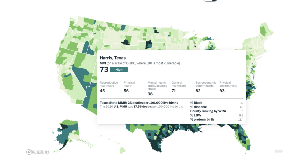 The U.S. Maternal Vulnerability Index is the first county-level, national-scale, open source tool to identify where and why mothers in the United States are vulnerable to poor health outcomes. (Courtesy Surgo Ventures)