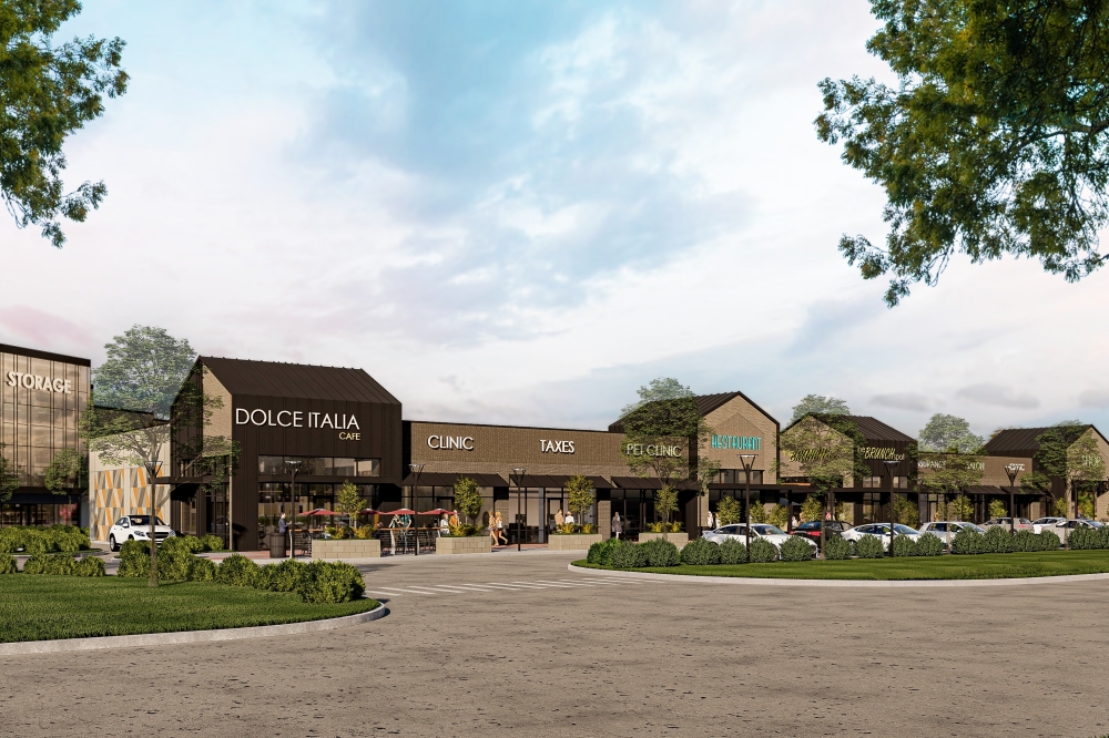 The center will comprise three buildings with the potential for open-air patios and drive-thrus. (Rendering courtesy ICO Commercial)