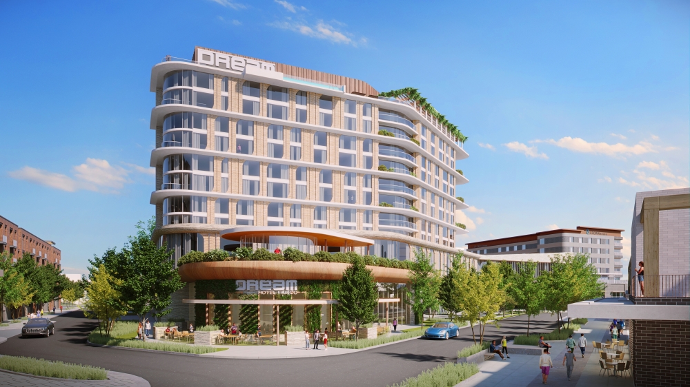 The site will be anchored by a 1,200-room Dream Hotel, according to the release. (Rendering courtesy Wilks Development)