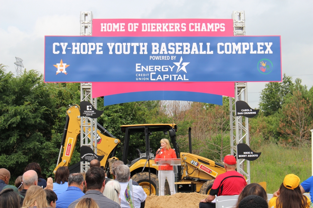 Lynda Dierker speaks at the May 1 groundbreaking ceremony for the Cy-Hope Youth Baseball Complex. (Danica Lloyd/Community Impact)(Danica Lloyd/Community Impact)