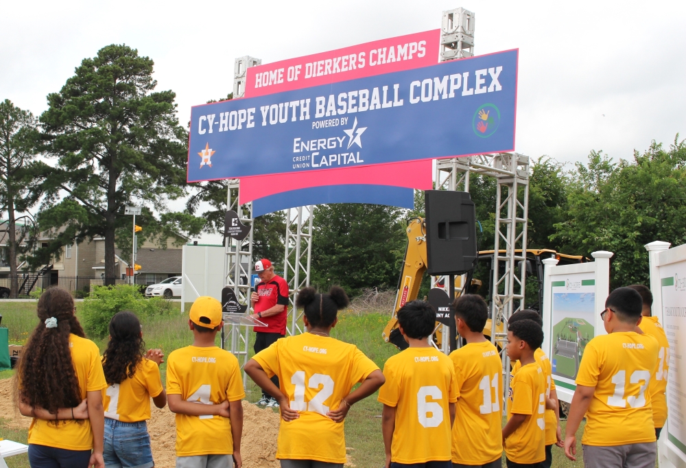 Larry Dierker speaks at the May 1 groundbreaking ceremony for the Cy-Hope Youth Baseball Complex. (Danica Lloyd/Community Impact)