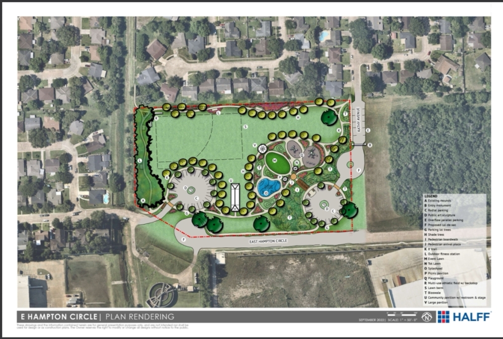 City staff and the Missouri City Parks Foundation hope to build out the East Hampton parkland in phases to achieve all of its amenities. (Rendering courtesy city of Missouri City)