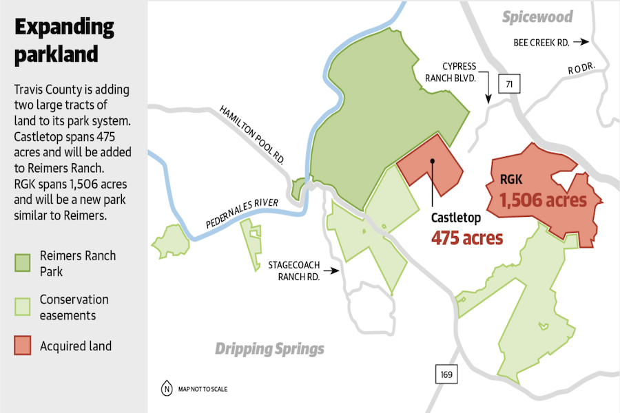 Travis County is adding two large tracts of land to its parks system. Castletop spans 475 acres and will be added to Reimers Ranch. RGK spans 1,506 and and will be a new park similar to Reimers. (Travis County Parks Foundation/Community Impact)