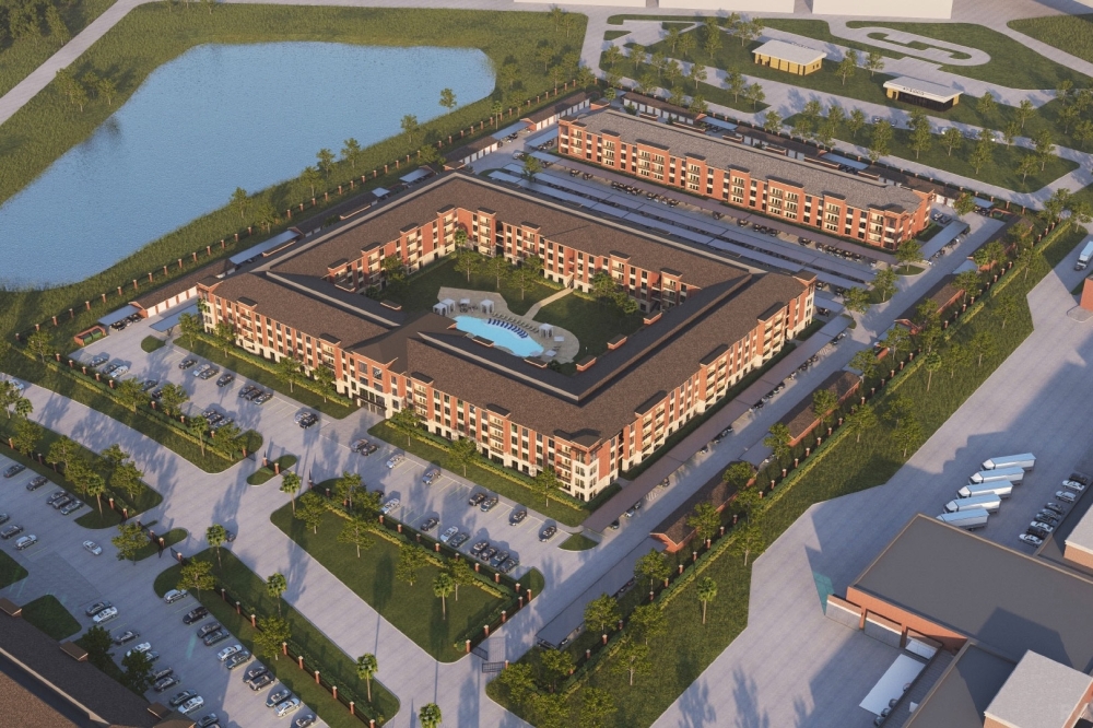 Sueba USA's unnamed project coming to the newly-constructed Archer Way within Fort Bend Town Center III. The clubhouse and first building will open for leasing 18 months after construction begins in the fourth quarter of 2024. (Rendering courtesy Sueba USA)