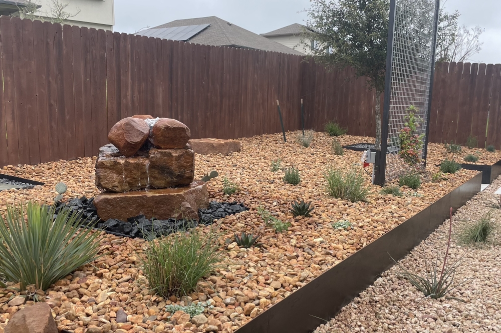 Star Jazmine, blue glow agave and pink muhly grass are incorporated into a backyard in Manor, with finishing touches of pink granite gravel, basalt gravel and moss boulders for a water feature. (Courtesy Austin Gardeners) 