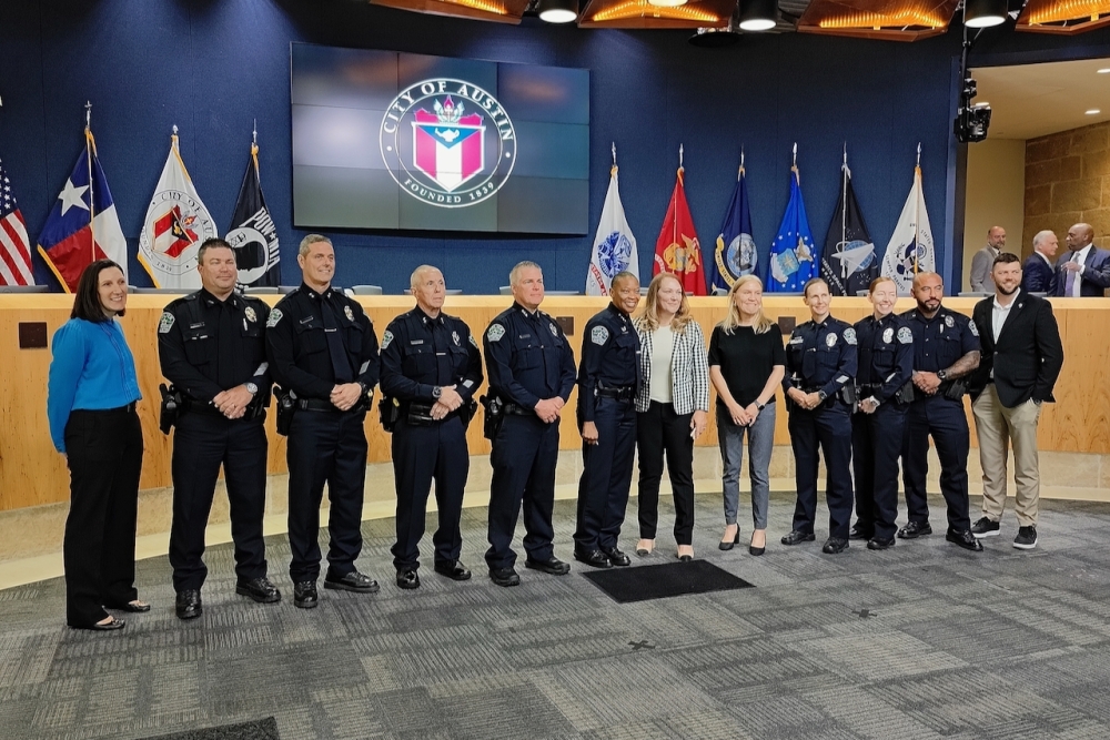 Austin police leaders joined Lisa Davis after her appointment as the city's next police chief. (Ben Thompson/Community Impact)