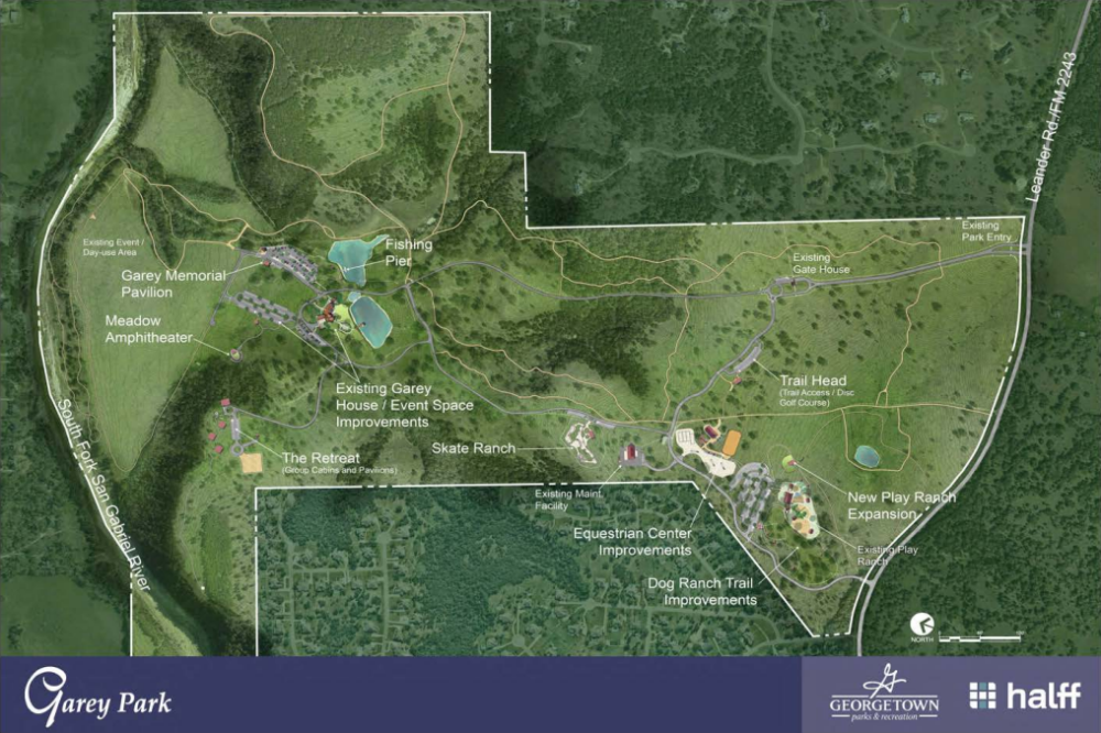 A map of Garey Park shows both existing features and future projects. The brown lines in the map are trails and gray lines are roads. (Courtesy Georgetown Parks and Recreation Department)