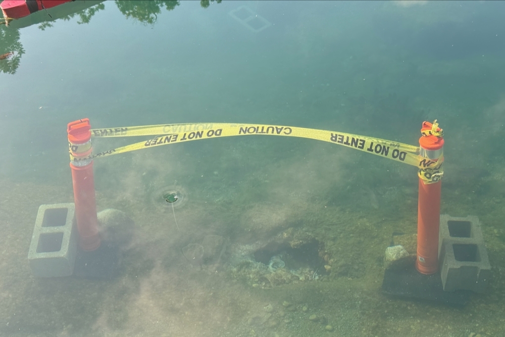 Holes were visible beneath Barton Springs Pool prior to temporary repairs, creating small whirlpools in the spring water. (Courtesy Austin Parks and Recreation Department)