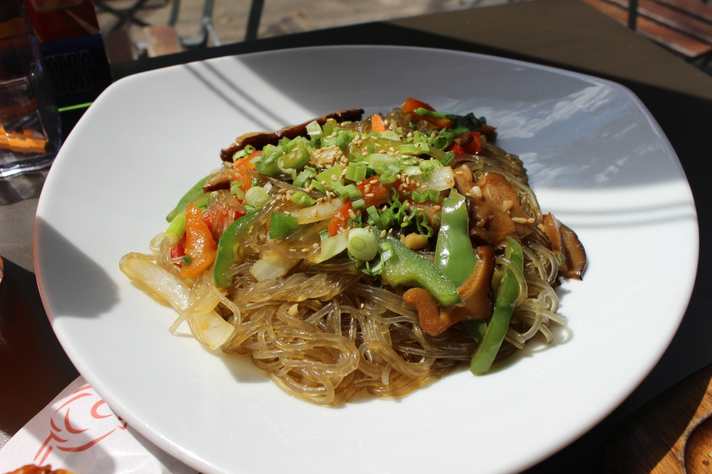 Korean dish Japchae ($14) is a new addition to the menu, composed of sweet potato glass noodles, mixed vegetables and mushrooms. (Asia Armour/Community Impact)