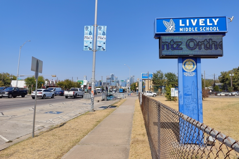 Torchy's sought a variance from city rules that ban alcohol sales near schools. Its South Congress location, far left, is within 300 feet of Lively Middle School. (Ben Thompson/Community Impact)