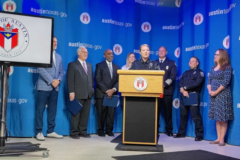 Austin city and public safety leaders spoke about current facility conditions and the proposed property deal Oct. 11. (Ben Thompson/Community Impact)