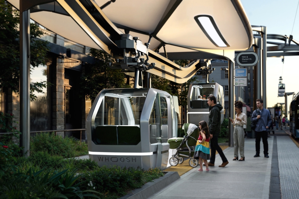 Called Whoosh, the small electric vehicles would allow riders on-demand access to take nonstop trips from stations located at key points in the city, such as the Smart Financial Centre and Sugar Land Town Square. (Rendering courtesy Swyft Cities)