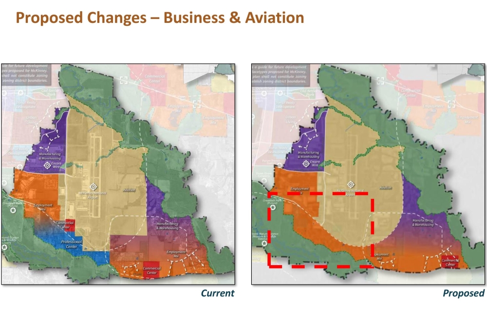 A proposed change in McKinney's Business and Aviation district would extend an existing employment mix placetype designation. (Courtesy city of McKinney)