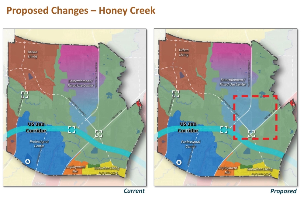 A proposed change in McKinney's Honey Creek district would extend an existing mixed-use center and entertainment placetype designation. (Courtesy city of McKinney)