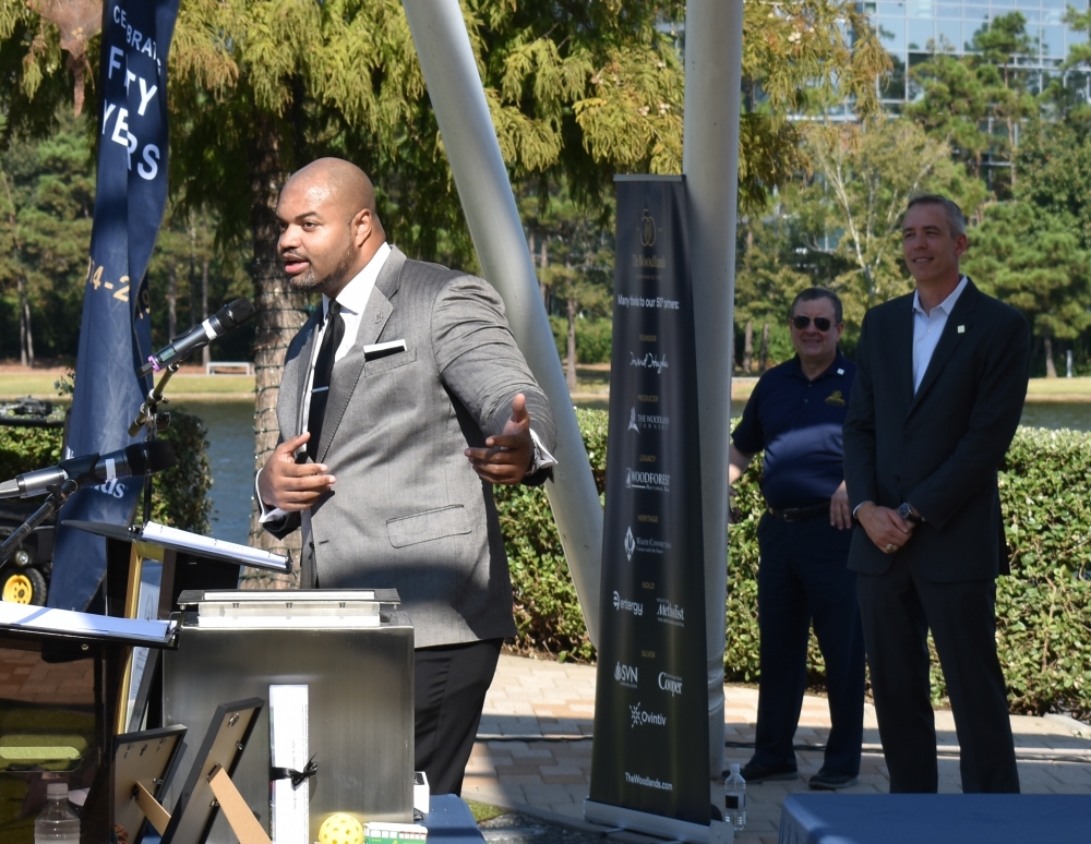 Grant Irons, a Hometown Heroes award recipient who grew up in The Woodlands, shared memories of his father and family at the event. (Vanessa Holt/Community Impact)