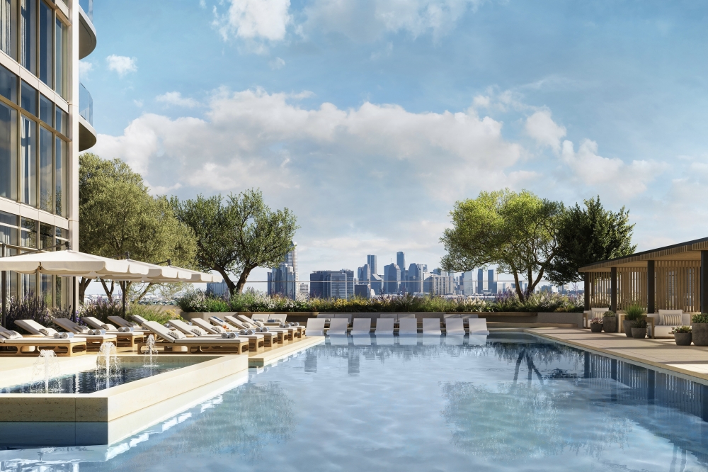 A resort-style lap pool will be surrounded by private cabanas, a yoga lawn, a sun deck and a meditation garden. (Rendering Courtesy Shimahara Visual)