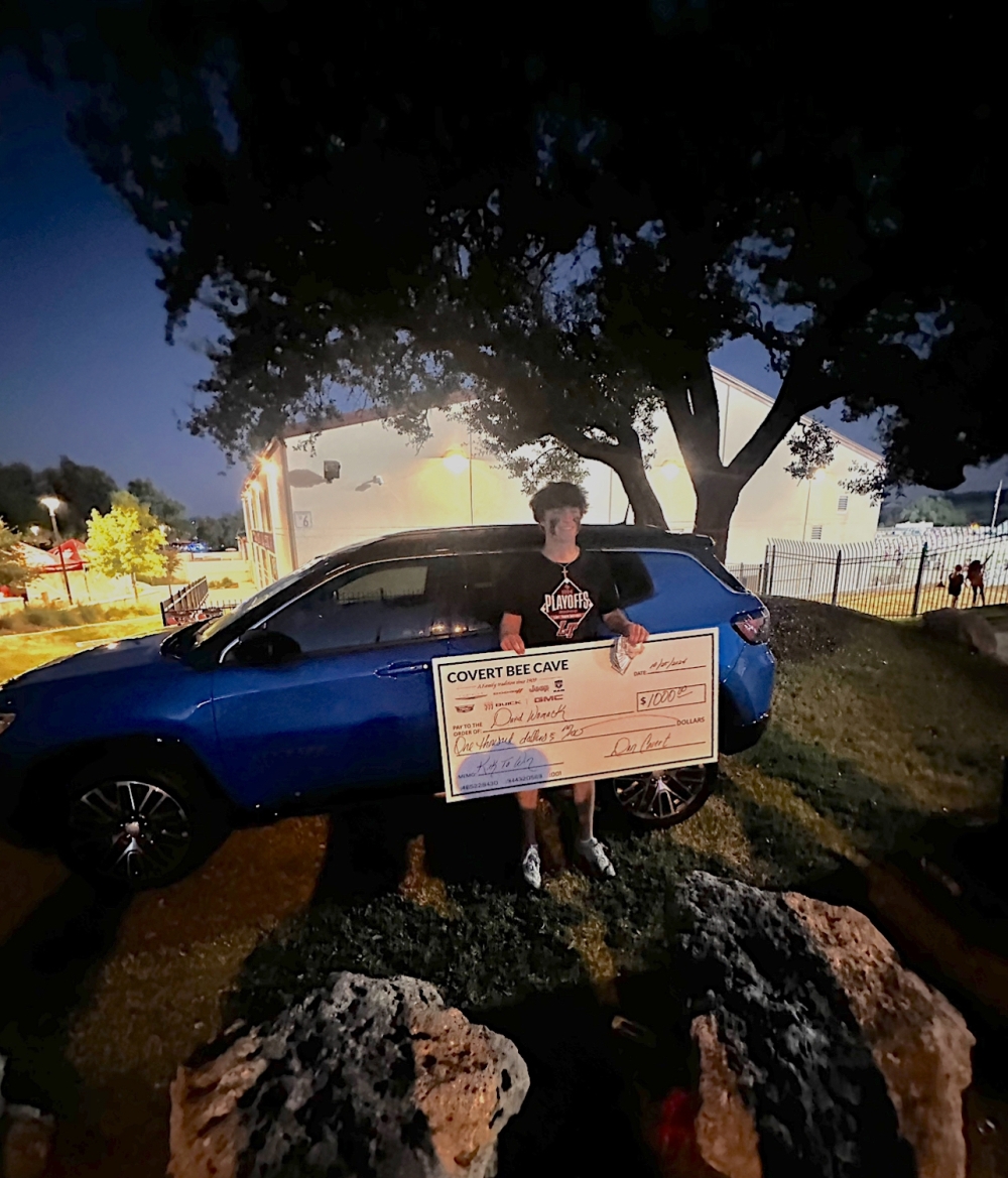 Student David Womack from Lake Travis High School kicked a 25 yard field goal for $1,000 at the Oct. 25th game at Cavalier Stadium. (Courtesy Covert Bee Cave) 